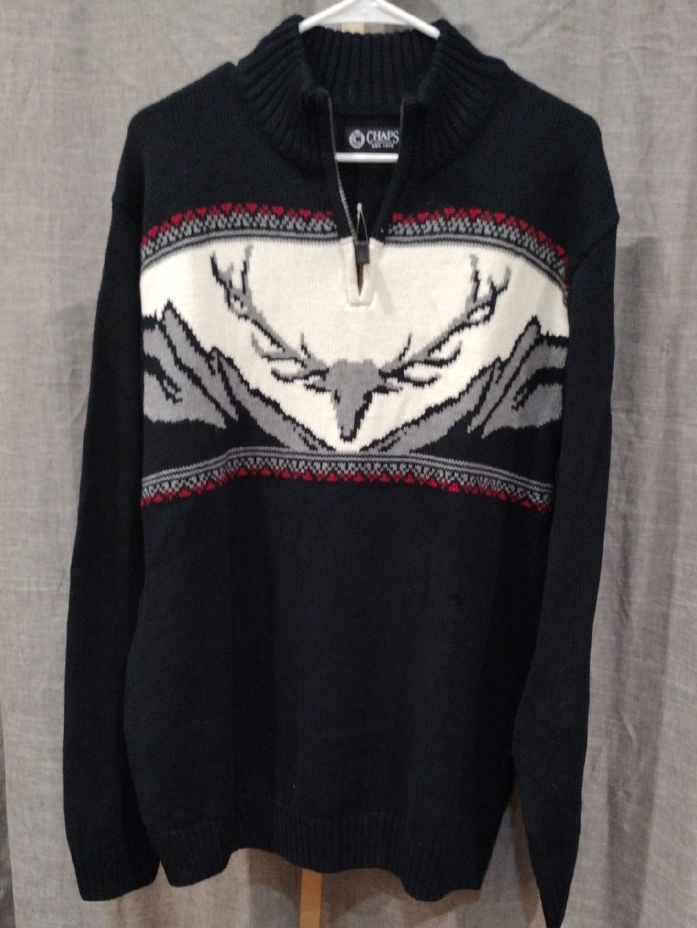Chaps Navy Zip-Up Sweater with White Deer Motif and Red Accents